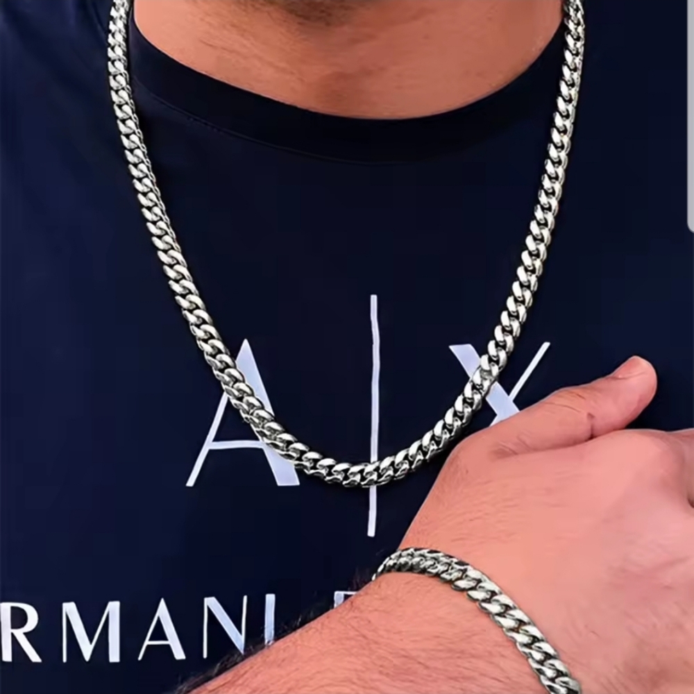 SET 2 PcsSilver Or Black Color Stainless steel Cuban Chain Necklace Bracelet Set